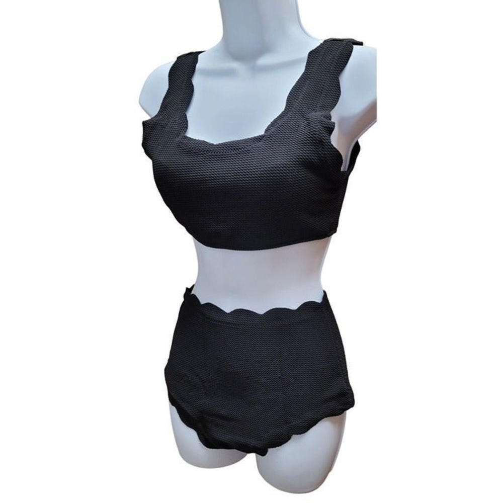 Black Scalloped Lace Up High Waisted Two Piece Bikini Swimsuit Set